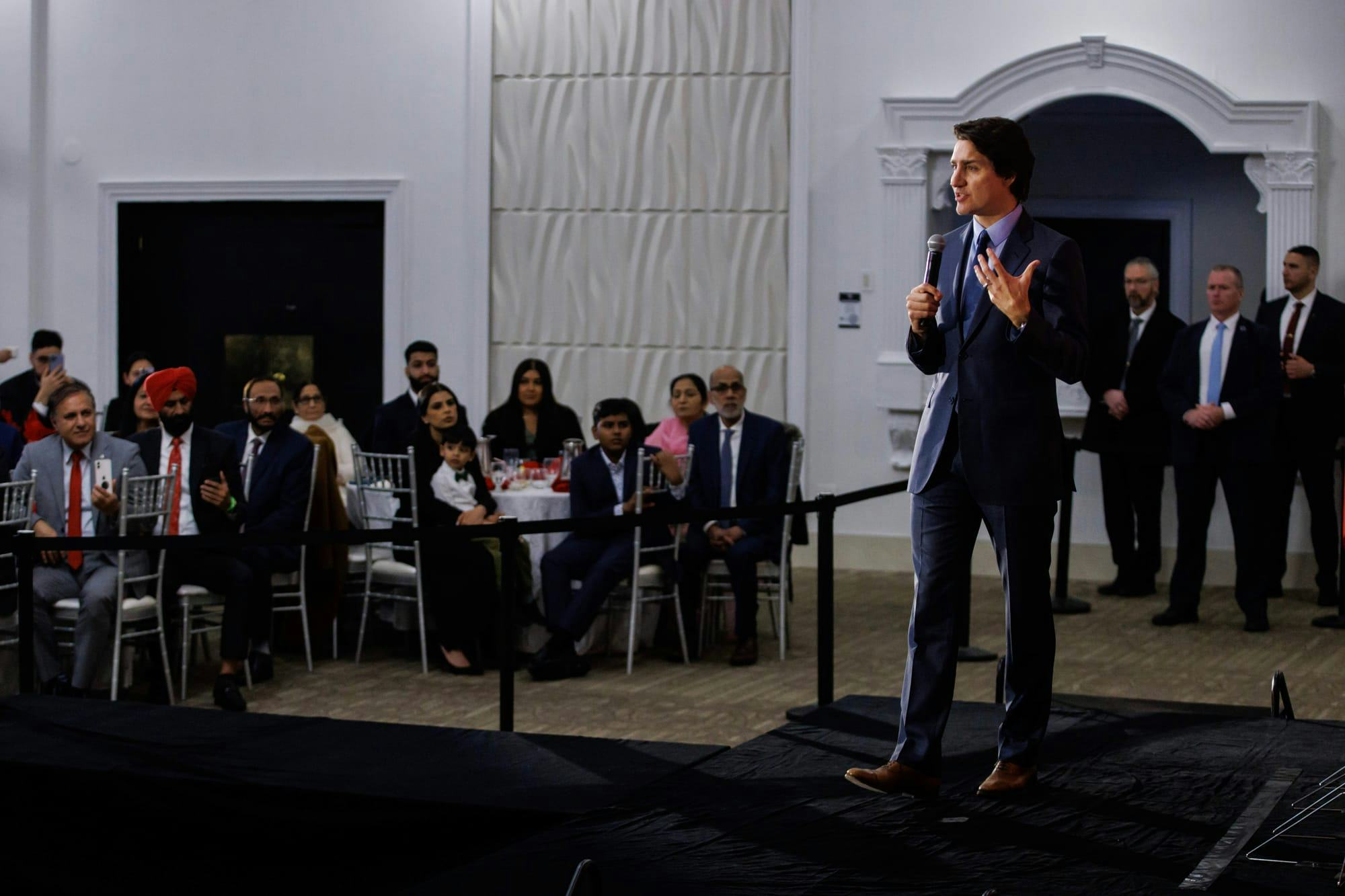 A photo of Justin Trudeau speaking to supporters in Brampton, Ont., at an event in February 2023.