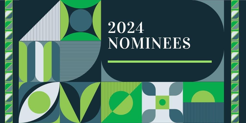 A green, blue and white graphic from the Digital Publishing Awards announces the 2024 nominees.