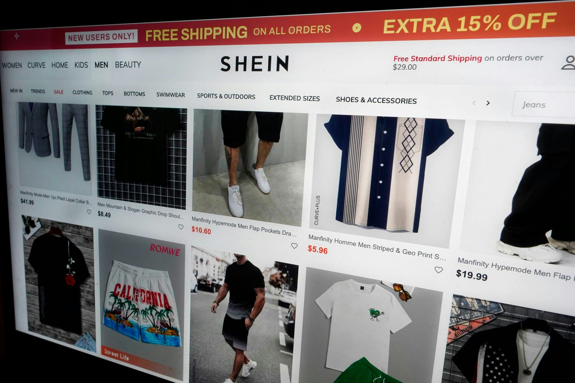 A page from Shein's website featuring various men's clothing items.