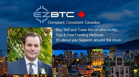 David Smillie is shown smiling in a suit in an inset photo, in front of a banner photo advertising ezBTC.