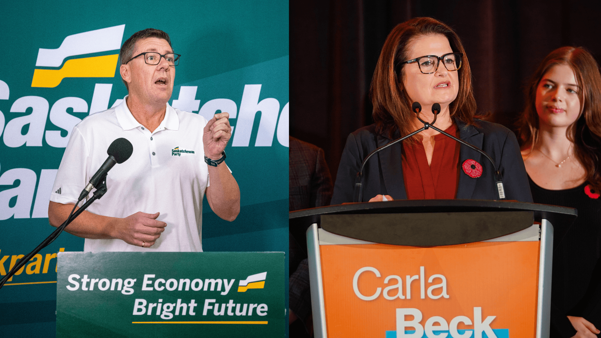 Left: Saskatchewan Party leader and Premier Scott Moe speaks at a podium. Right: Saskatchewan NDP leader, and leader of the official opposition gives a concession speech at a podium